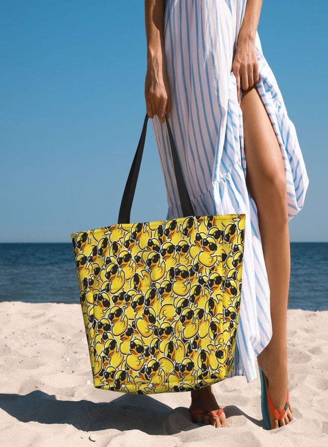 REVENEVER Beach Tote Bag for Women Foldable Waterproof and Sandproof Tote Bag with Zipper Cartoon Duck Print Beach Bag Large Travel Bag - Image 5